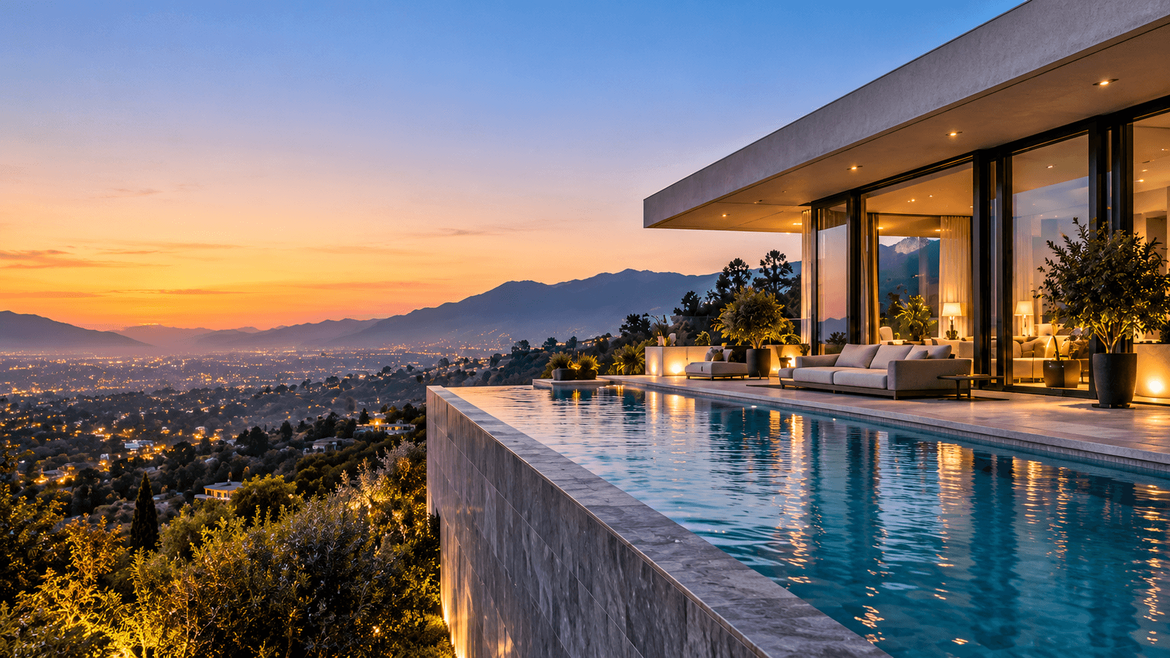 Casa moderna con piscina al atardecer